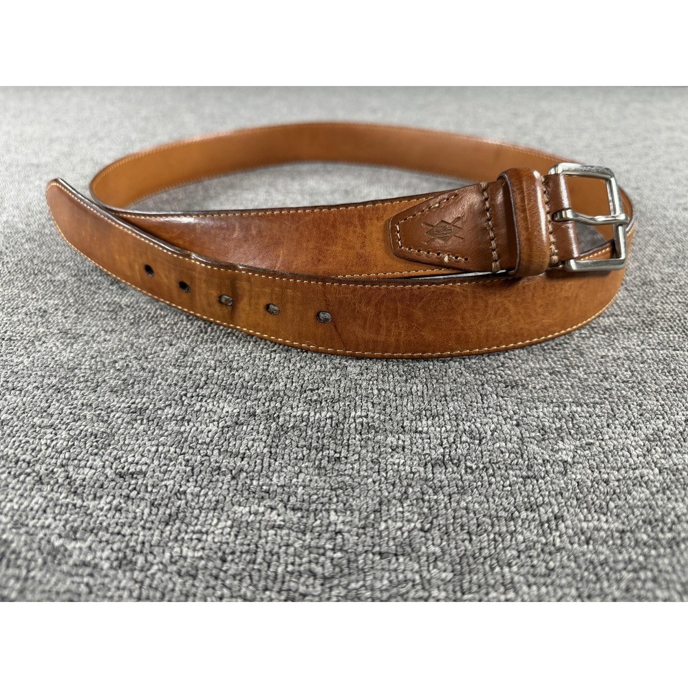 Martin Dingman Belt Mens 38 Brown Genuine Leather Dress Silver Buckle Stitched